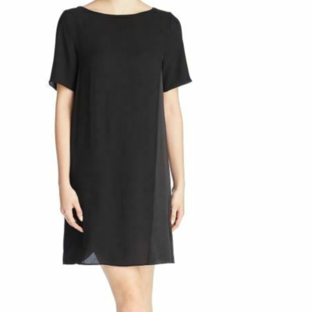 NWT EILEEN FISHER Silk Georgette Crepe Shift Dress Ballet Neck Black XXS /TTP